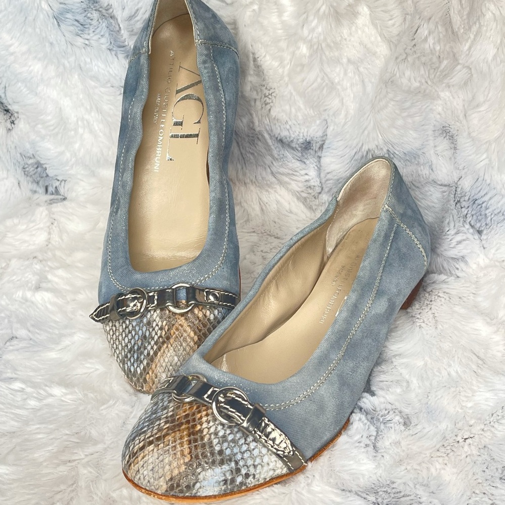 💙🐍 AGL Attilio Giusti Leombruni Ballet Flat~ Blue Suede w/Snake Toe 💙 Sz 37